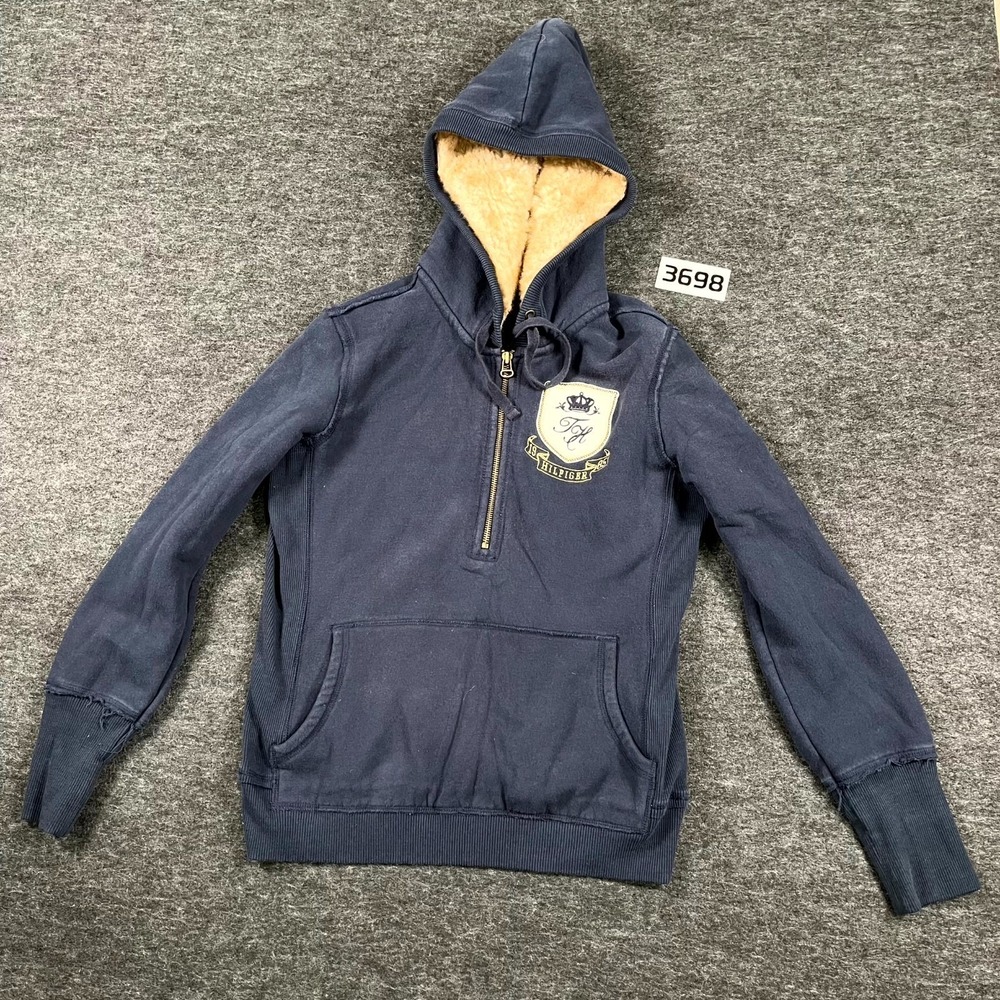 Tommy Hilfiger Hoodie Womens Medium Blue 1/4 Zip Wordmark Logo Faux Fur Hood